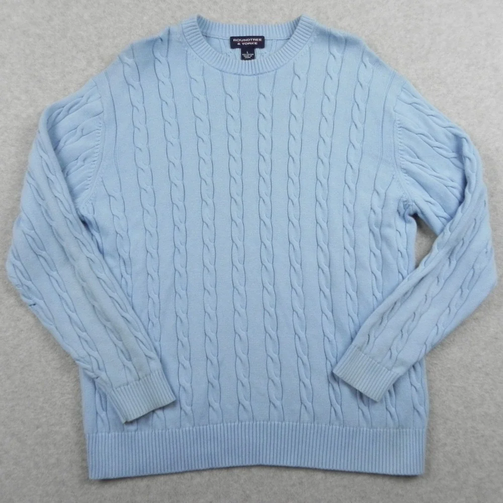 Roundtree & Yorke Sweater Mens Large Pullover Cable Knit Cotton Blue Long Sleeve